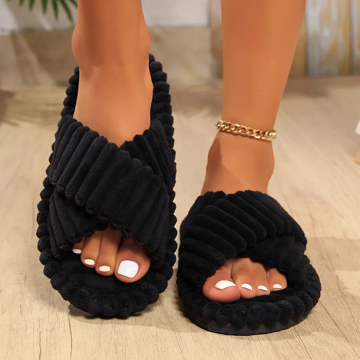 Women’s Fuzzy Corduroy Slippers – Cross Band Design with Memory Foam