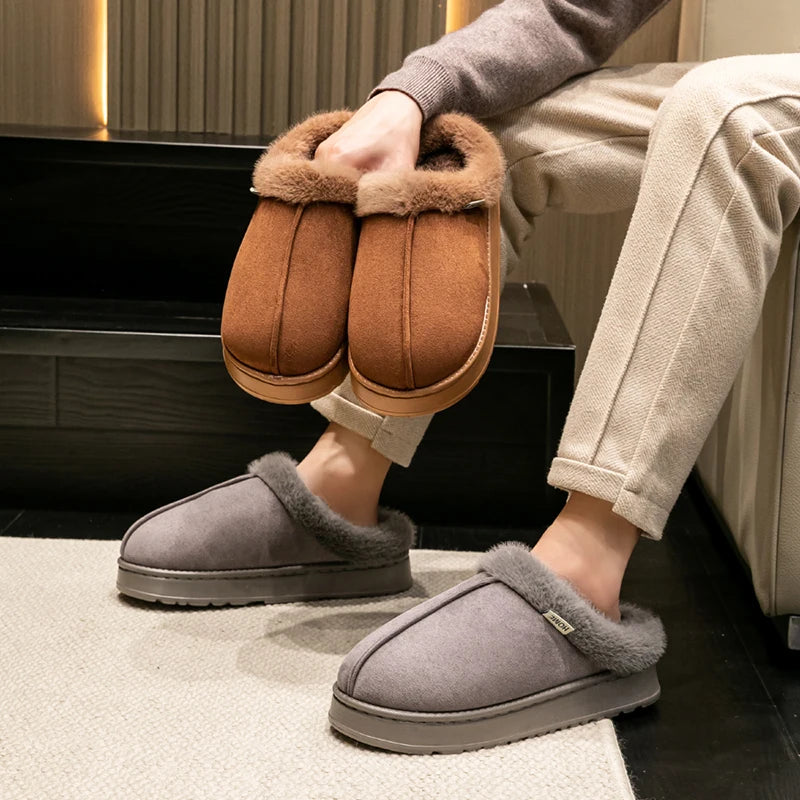Men’s Winter Plush Slippers – Warm Cotton with Faux Suede Upper Anti-Slip Sole