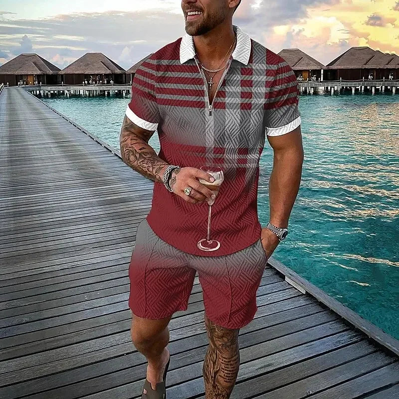 Urban Grid Polo Set – Men’s Summer 2-Piece Outfit Modern Street Pattern