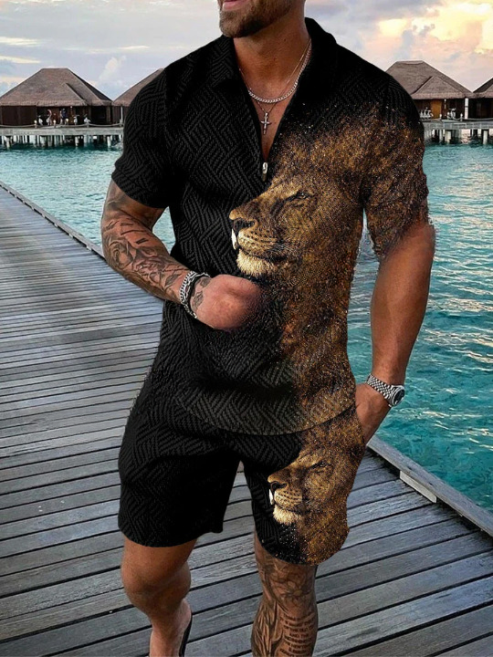 Safari City Polo Set – Men’s Summer 2-Piece Casual Outfit Zipper Polo