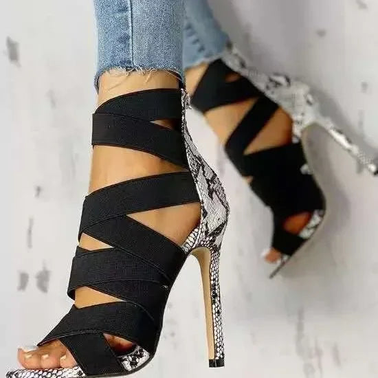 Women’s Fashion High Heel Sandals – Snake Print with Back Zipper