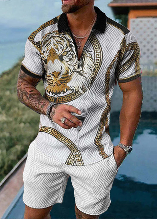 Gold Lion Short-sleeved polo shirt with zipper and shorts
