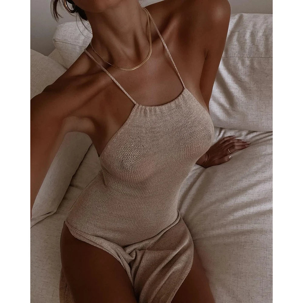 Knitted Sheer Beach Cover-Up Dress – Sexy Halter Maxi with Side Slit