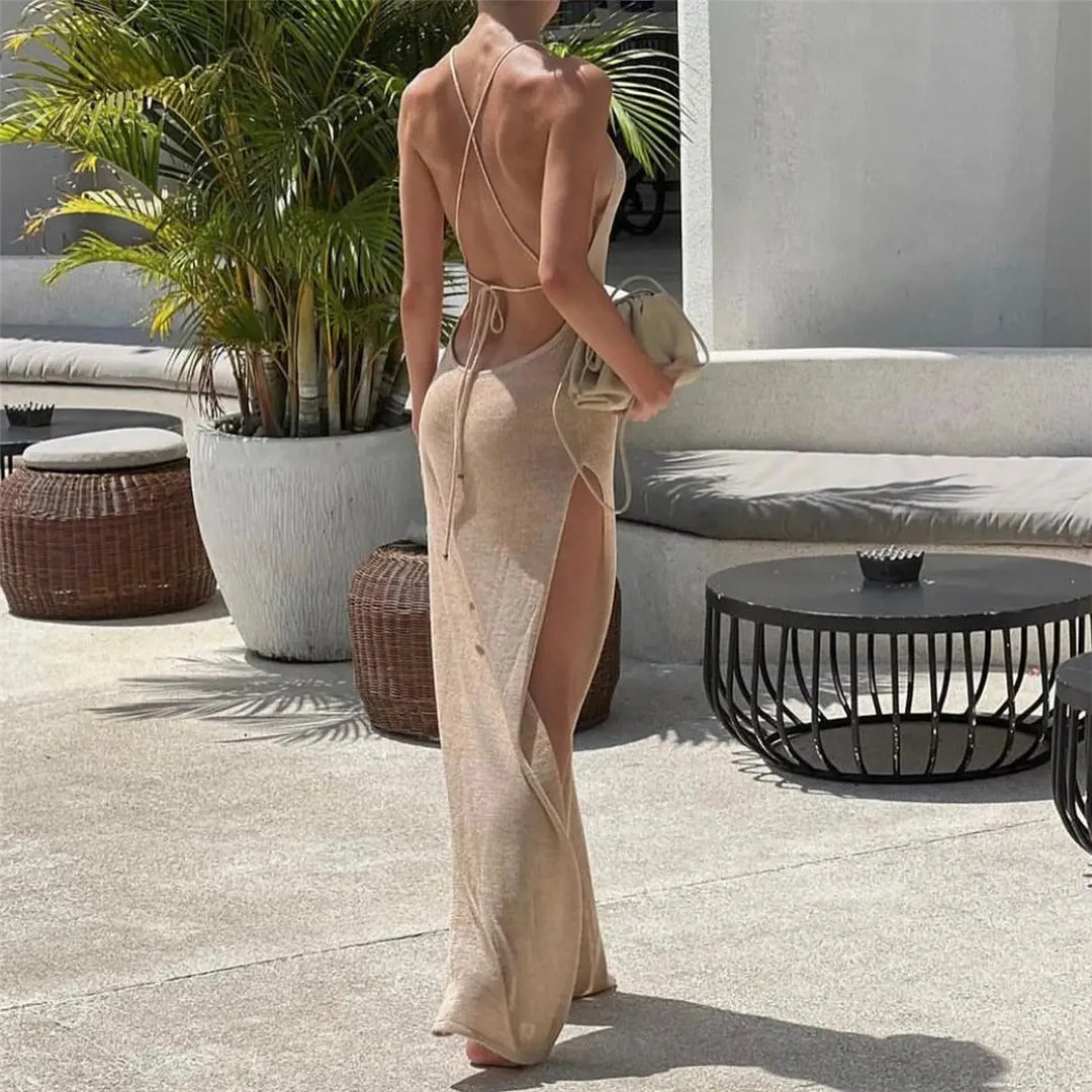 Knitted Sheer Beach Cover - Up Dress – Halter Maxi with Side Slit