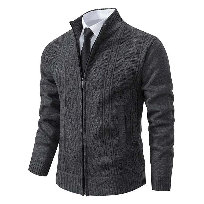 Men’s Knitted Zip Jacket – Warm Autumn Winter Cardigan with Reinforced Sleeves