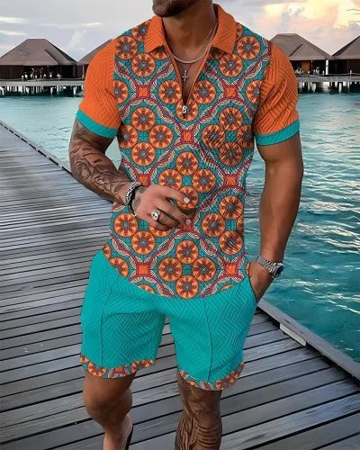 Tropical Energy Short-sleeved polo shirt with zipper and shorts