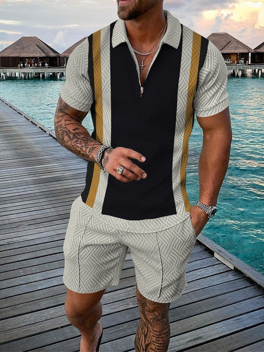 Man in a stylish outfit standing on a wooden dock by water