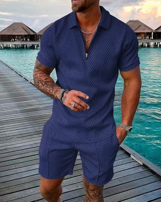 Ocean Night Short-sleeved polo shirt with zipper and shorts