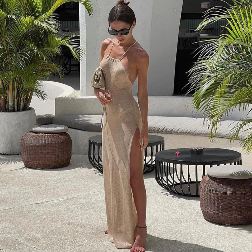 Knitted Sheer Beach Cover-Up Dress – Sexy Halter Maxi with Side Slit
