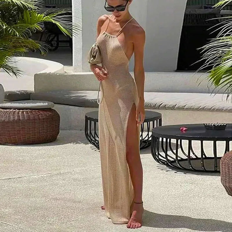 Knitted Sheer Beach Cover - Up Dress – Halter Maxi with Side Slit