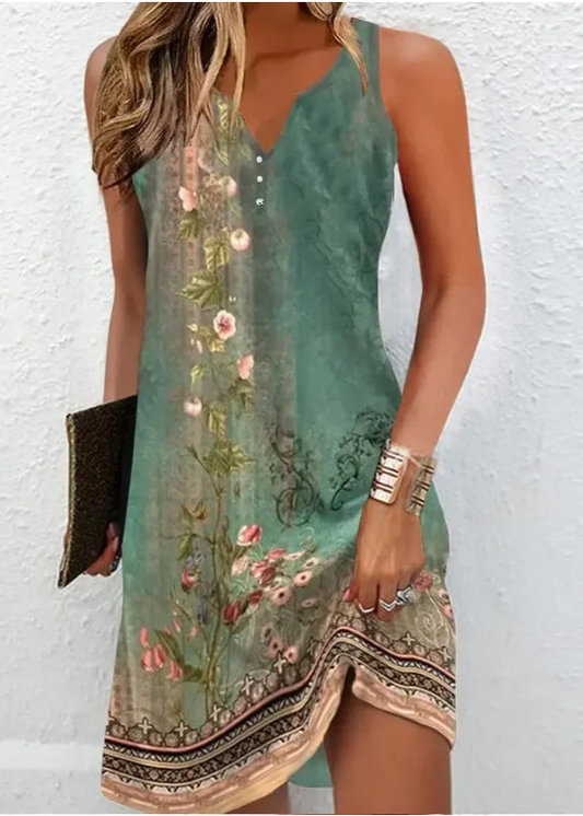 Botanical Breeze Boho Short Dress for Women – Deep V-Neck Sleeveless Flowy Fit Summer Style
