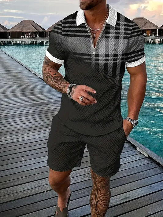 Urban Grid Short-sleeved polo shirt with zipper and shorts
