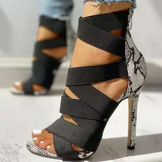 Women’s Fashion High Heel Sandals – Snake Print with Back Zipper