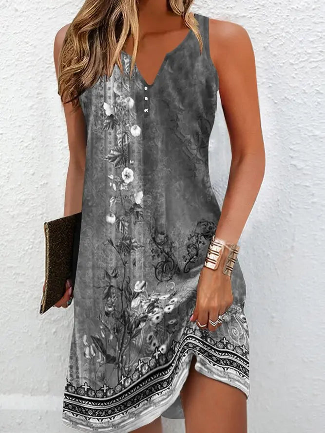 Midnight Garden Boho Short Dress for Women – Deep V-Neck Sleeveless Flowy Fit Summer Style
