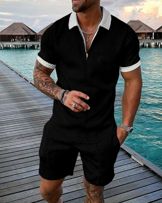 Black & White Short-sleeved polo shirt with zipper and shorts