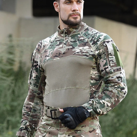 Men’s Tactical Camouflage Long Sleeve Shirt with High Collar
