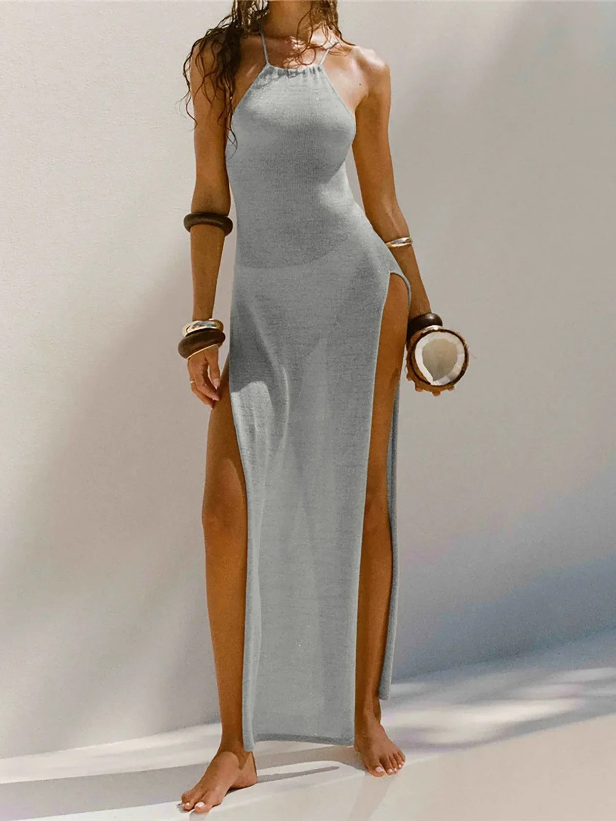 Knitted Sheer Beach Cover - Up Dress – Halter Maxi with Side Slit